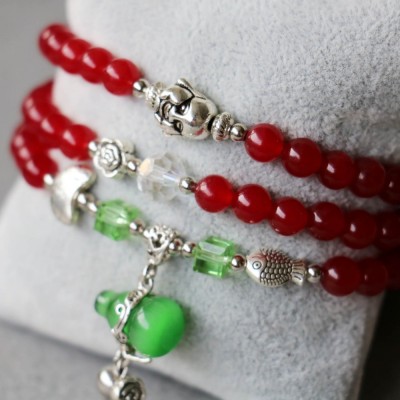 Bracelet Wu lou et Bouddha en Jade rouge