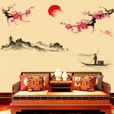 Sticker Paysage d'Asie et Fleurs de Cerisier