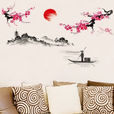 Sticker Paysage d'Asie et Fleurs de Cerisier