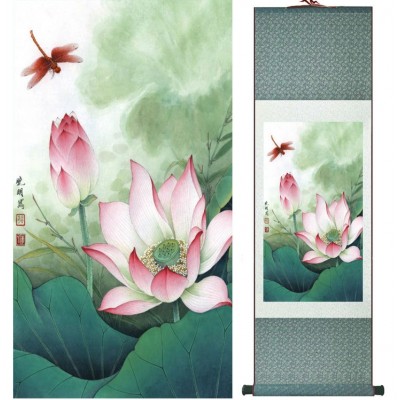 Kakemono Fleurs de Lotus roses et Libellule