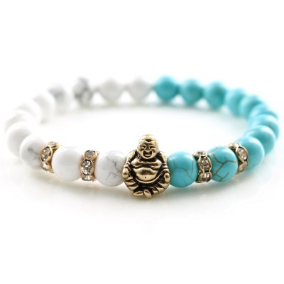 Bracelet Bouddha Riant doré en Howlite et Turquoise