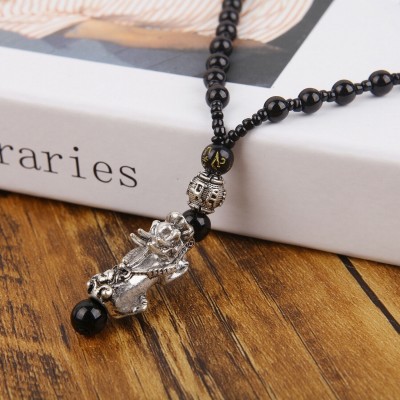 Suspension Pendentif Obsidienne Pi Yao argenté