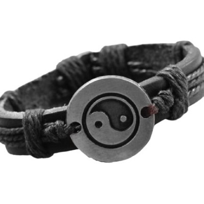 Bracelet Yin Yang en cuir noir