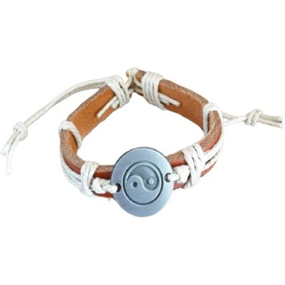 Bracelet Yin Yang en Cuir marron et Corde beige