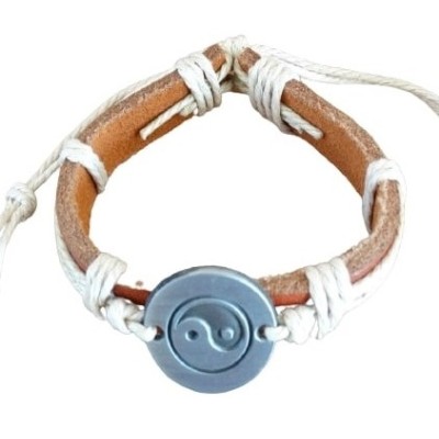 Bracelet Yin Yang en Cuir marron et Corde beige