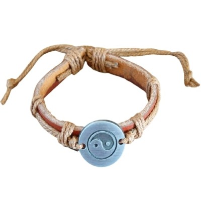 Bracelet Yin Yang en Cuir marron et Corde camel