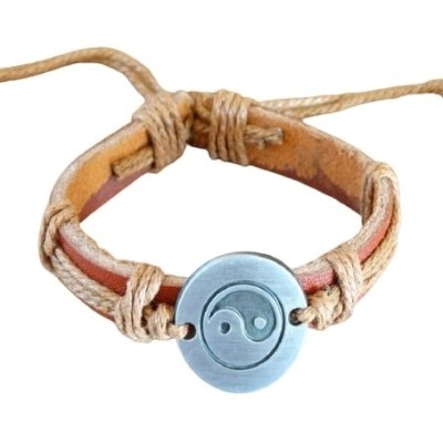 Bracelet Yin Yang en Cuir marron et Corde camel