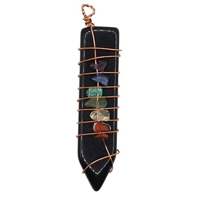 Pendentif Pendule Plat des 7 Chakras, Obsidienne noire