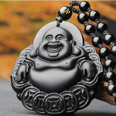 Suspension Bouddha Riant en Obsidienne noire
