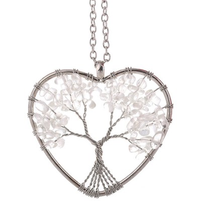 Collier Pendentif Arbre de Vie Coeur en Cristal de roche