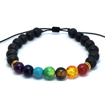 Bracelet des 7 Chakras doré et Pierres de Lave