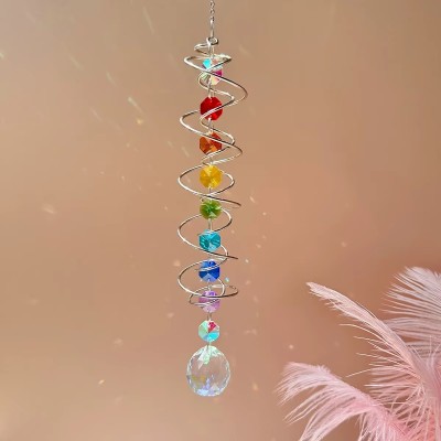 Suspension Spirale argentée Chakras, Cristal à Facettes 30mm