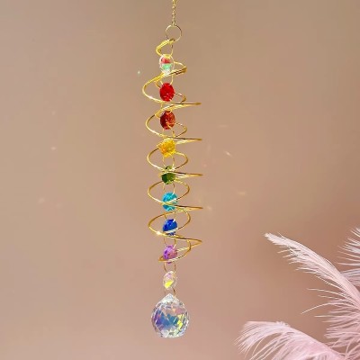 Suspension Spirale dorée Chakras, Cristal à Facettes 30mm