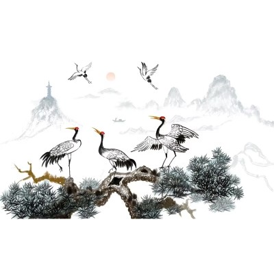 Sticker Paysage Grues Virevoltantes